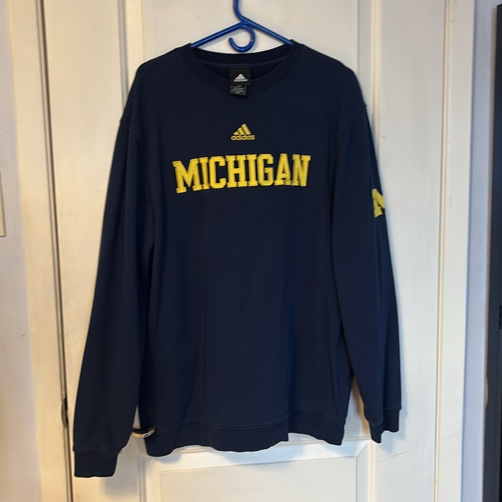 Adidas Men's Navy Crewneck Sweater with Yellow Michigan Logo